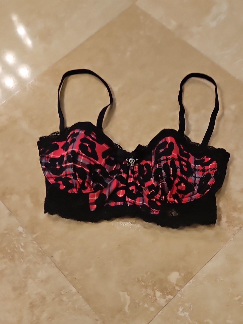 Material Girl Red Plaid and Black Lace Bra with Skull Charm